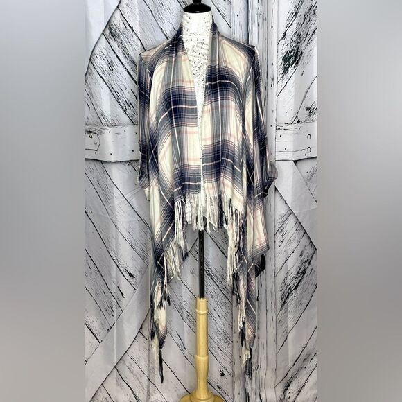 En Creme Plaid Waterfall Kimono Shirt L - Picture 1 of 9